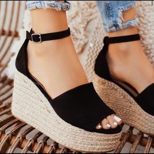 NEW Black Wedge Faux Suede Espadrille Wedges